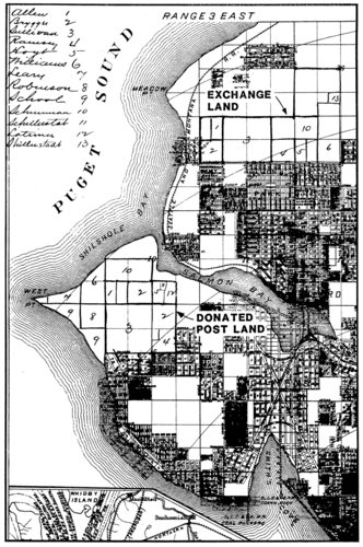 Seattle Chamber of Commerce map of the property just to the north of Ballard that was exchanged in 1897 for land donated on Magnolia to create Fort Lawton. July 1984. From The Evolution of Intent at Fort Lawton, by David Chance.