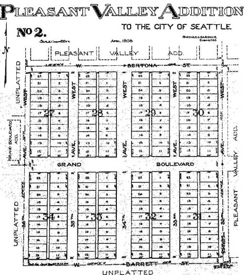 The plat map of Pleasant Valley Addition, 32nd Avenue West (east) to 36th Avenue West (west), Barrett Street (south), and Bertona Street (north). These lots were laid out as single family residences as early as 1888. In the 1900 three diary farms were here. Courtesy of King County Assessor’s Office.