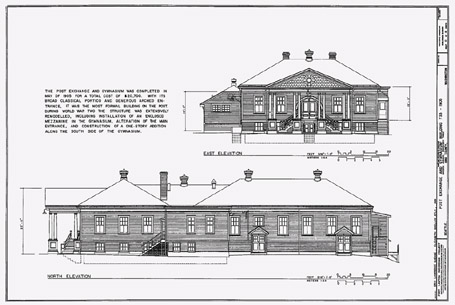 Drawings of two views of the Fort Lawton Post Exchange and Gymnasium, which was completed in 1905 at a total cost of $20,700. This building, which still stands on the parade grounds, is on the  National Register of Historic Places. Historic American Buildings Survey, Fort Lawton Recording Project, Page 12. 1981.
